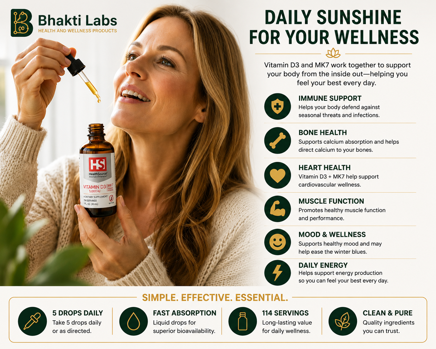 High Potency Liquid Vitamin D3 + MK7 Drops (5,000 IU) – 114 Servings Bhakti Labs
