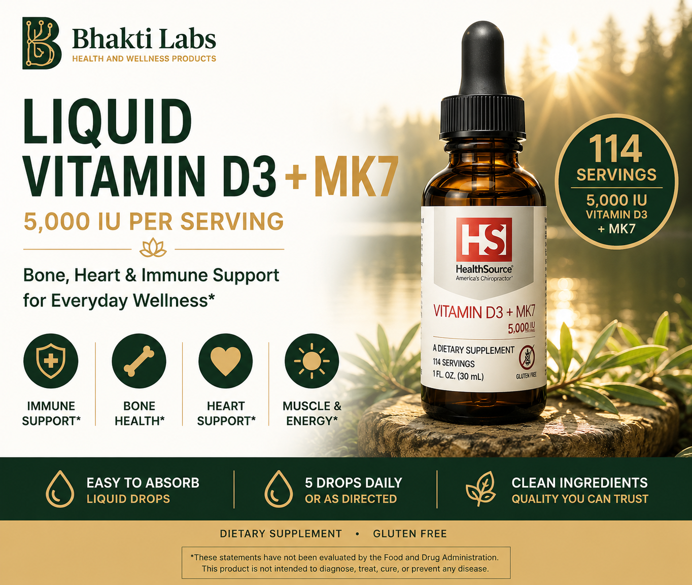High Potency Liquid Vitamin D3 + MK7 Drops (5,000 IU) – 114 Servings Bhakti Labs